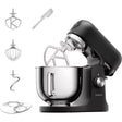 Kenwood kMix stand mixer 1000w in sleek black with stainless steel bowl, showing included accessories: whisk, beater, dough hook, flex edge beater and splash guard
