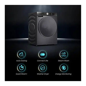 Hisense 5S Series black washer dryer with 10.5 kg capacity featuring Auto Dosing, Connect Life, Steam Wash, Quick Wash+, 2in1 Washer Dryer and Energy Monitoring functions displayed with illuminated feature icons below the appliance