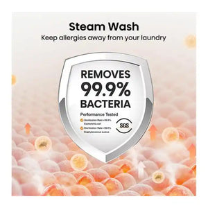 Steam Wash feature infographic showing a white shield badge with text removing 99.9% bacteria, performance tested by SGS, displayed against a soft pink floral background with floating soap bubbles