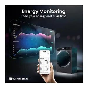 Energy monitoring display for Hisense 5S Series 10.5kg black washer dryer showing real-time energy and water usage graphs on tablet and smartphone screens with ConnectLife app interface