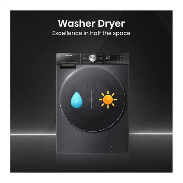Hisense 5S Series black washer dryer with water droplet and sun icons on drum door, digital display panel, and Excellence in half the space tagline on dark background