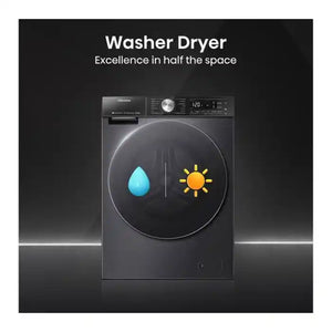 Hisense 5S Series black washer dryer with water droplet and sun icons on drum door, digital display panel, and Excellence in half the space tagline on dark background