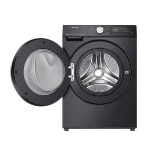 Hisense 5S Series black washer dryer with 10.5 kg capacity, front-loading design with open door showing stainless steel drum and digital control panel displaying 120 minutes cycle time
