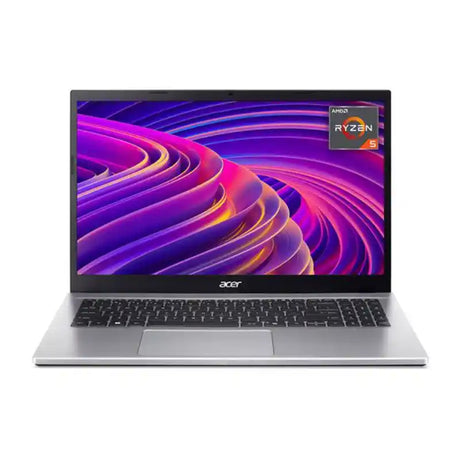 Acer Aspire Go 15 silver laptop with 15.6 inch display showing colorful purple and pink abstract wallpaper, AMD Ryzen 5 processor badge visible in top right corner, closed position displaying keyboard and trackpad