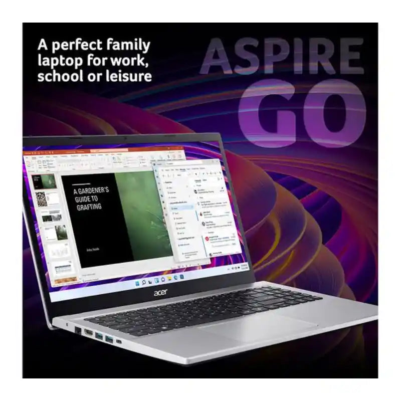 Acer Aspire Go 15 silver laptop displaying multiple application windows including a gardening guide and file manager, shown at an angle against a purple gradient background with the product name and tagline "A perfect family laptop for work, school or leisure"