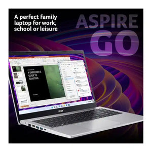 Acer Aspire Go 15 silver laptop displaying multiple application windows including a gardening guide and file manager, shown at an angle against a purple gradient background with the product name and tagline "A perfect family laptop for work, school or leisure"