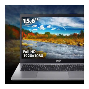Acer Aspire Go 15 silver laptop displaying 15.6 inch Full HD 1920x1080 screen with scenic river landscape wallpaper, showing keyboard and trackpad