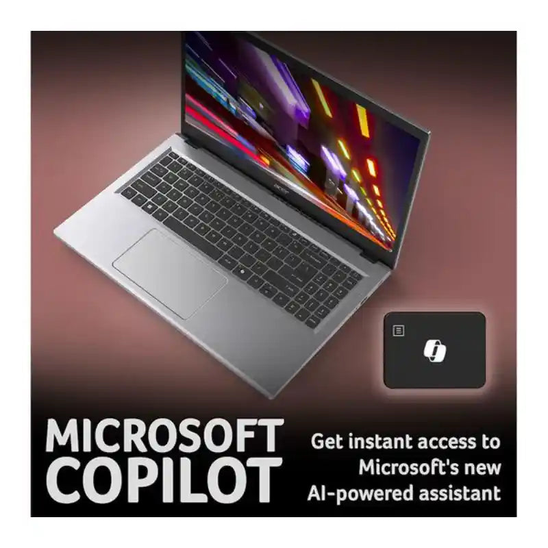 Silver Acer Aspire Go 15 laptop displayed open at an angle on a mauve background, showing colorful display with AMD Ryzen 5 processor and 512GB SSD, accompanied by Microsoft Copilot AI assistant promotional badge featuring black device icon