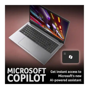 Silver Acer Aspire Go 15 laptop displayed open at an angle on a mauve background, showing colorful display with AMD Ryzen 5 processor and 512GB SSD, accompanied by Microsoft Copilot AI assistant promotional badge featuring black device icon