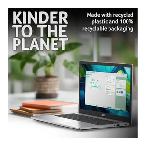 Acer Aspire Go 15 laptop in silver displaying Windows interface on screen, positioned on white desk next to stacked orange and brown notebooks and potted green plant, with "Kinder to the Planet" text highlighting recycled plastic construction and recyclable packaging