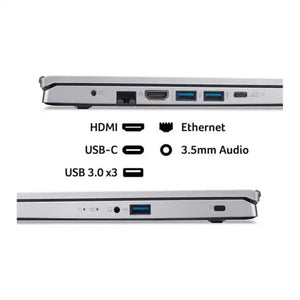 Side view of silver Acer Aspire Go 15 laptop showing ports including HDMI, Ethernet, USB-C, three USB 3.0 ports and 3.5mm audio jack with labeled port diagram below
