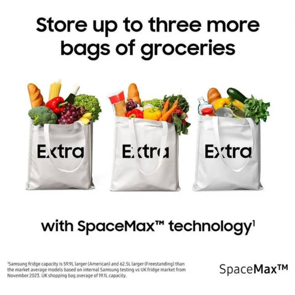 Samsung SpaceMax Bespoke AI Series 6 American fridge freezer in silver showing three white grocery shopping bags filled with fresh produce demonstrating increased storage capacity with SpaceMax technology