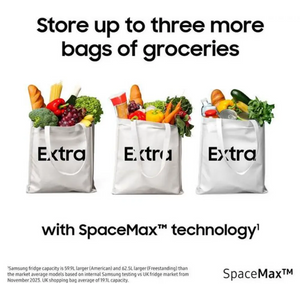 Samsung SpaceMax Bespoke AI Series 6 American fridge freezer in silver showing three white grocery shopping bags filled with fresh produce demonstrating increased storage capacity with SpaceMax technology