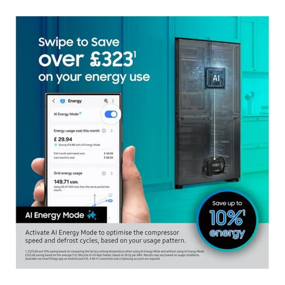 Samsung SpaceMax Bespoke AI Series 6 American fridge freezer in silver with AI Energy Mode display showing energy savings of over £323 per year and up to 10% energy reduction, featuring smartphone app control interface on turquoise background