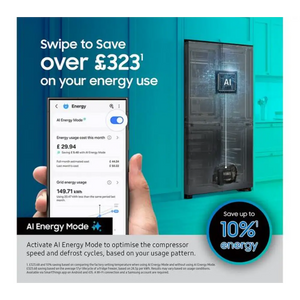 Samsung SpaceMax Bespoke AI Series 6 American fridge freezer in silver with AI Energy Mode display showing energy savings of over £323 per year and up to 10% energy reduction, featuring smartphone app control interface on turquoise background
