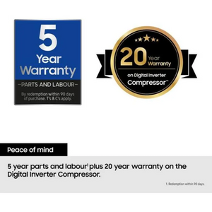 Two warranty badges for Samsung refrigerator: left blue badge showing 5 year warranty on parts and labour with redemption within 90 days, right circular gold and black badge displaying 20 year warranty on digital inverter compressor, with peace of mind text below