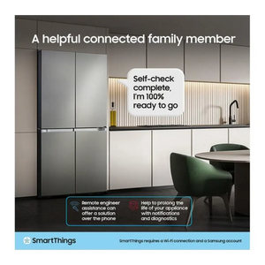 Samsung SpaceMax Bespoke AI Series 6 American fridge freezer in silver with flat panel doors in modern kitchen, showing SmartThings connectivity features including remote engineer assistance and appliance diagnostics notifications