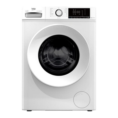 Beko 8kg white front-load washing machine with black drum, digital display panel, rotary dial and touch controls, model BW1O3821W