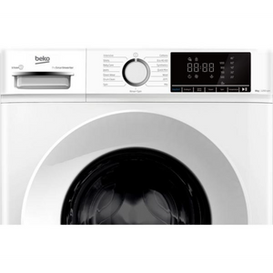 Beko white front-load washing machine 8kg capacity with 1200 spin speed, featuring digital display panel, control dial and touch buttons on top