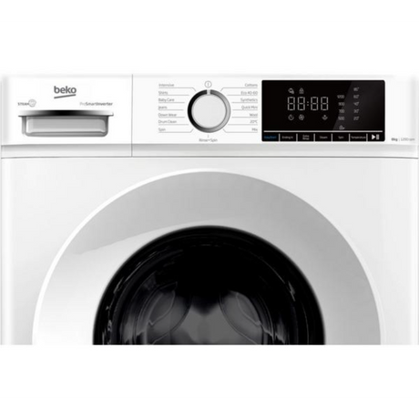Beko white front-load washing machine 8kg capacity with 1200 spin speed, featuring digital display panel, control dial and touch buttons on top