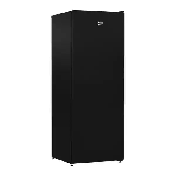 Beko black upright tall freezer with single door, compact design and metal feet, front-facing product view