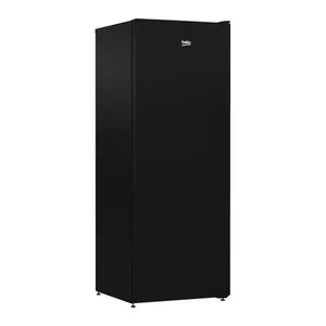 Beko black upright tall freezer with single door, compact design and metal feet, front-facing product view