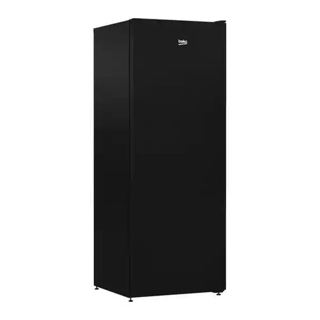 Beko black upright tall freezer with single door, compact design and metal feet, front-facing product view