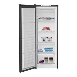 Beko black upright tall freezer with open door displaying multiple shelves containing frozen foods, ice cream and frozen items