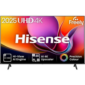 Hisense 2025 65 inch UHD 4K smart TV with Freely streaming, featuring Hi-View AI Engine, AI 4K Upscaler and Precision Colour technology, black bezel design with stand legs on white background