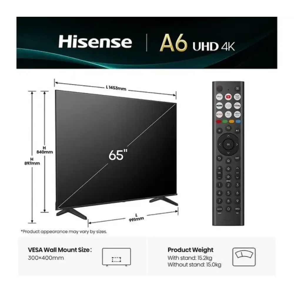 Hisense A6 UHD 4K 65 inch black smart TV with stand showing dimensions, specifications including 1463mm width, 897mm height, 991mm depth, remote control, VESA wall mount size 300x400mm and weight of 15.2kg with stand