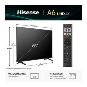 Hisense A6 UHD 4K 65 inch black smart TV with stand showing dimensions, specifications including 1463mm width, 897mm height, 991mm depth, remote control, VESA wall mount size 300x400mm and weight of 15.2kg with stand