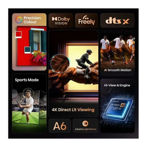 Hisense A6Q 65 inch 4K Smart TV feature showcase displaying Precision Colour, Dolby Vision, Freely, DTS:X, Sports Mode, 4K Direct Lit Viewing, A6 processor, Adaptive Light Sensor, AI Smooth Motion and Hi-View AI Engine technologies with product images on black background