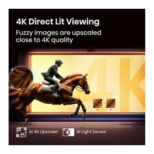 Marketing image demonstrating 4K Direct Lit Viewing technology on Hisense A6Q TV showing a rider on a brown horse with AI 4K Upscaler and AI Light Sensor features, with comparison of 2K versus 4K image quality in the bottom right corner against a warm yellow background