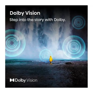 Dolby Vision promotional advertisement featuring a person in a yellow jacket standing on a beach facing the ocean with glowing turquoise circular sound wave patterns overlaid in the sky, with "Step into the story with Dolby" tagline and Dolby Vision branding