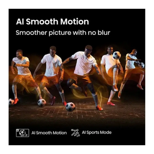 Marketing image showcasing AI Smooth Motion technology on Hisense A6Q TV, displaying five male soccer players in dynamic motion against dark background with golden lighting effects, demonstrating smooth video processing without blur during fast-moving sports action