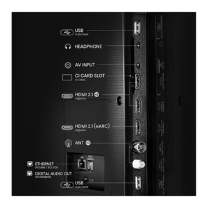 Rear panel diagram of Hisense A6Q 65 inch 4K Smart TV showing connectivity ports including USB flash drive, headphone jack, AV input, CI card slot, dual HDMI 2.1 ports with eARC, antenna connection, ethernet for internet router, digital audio output for soundbars, and additional USB port on black background with labeled callouts