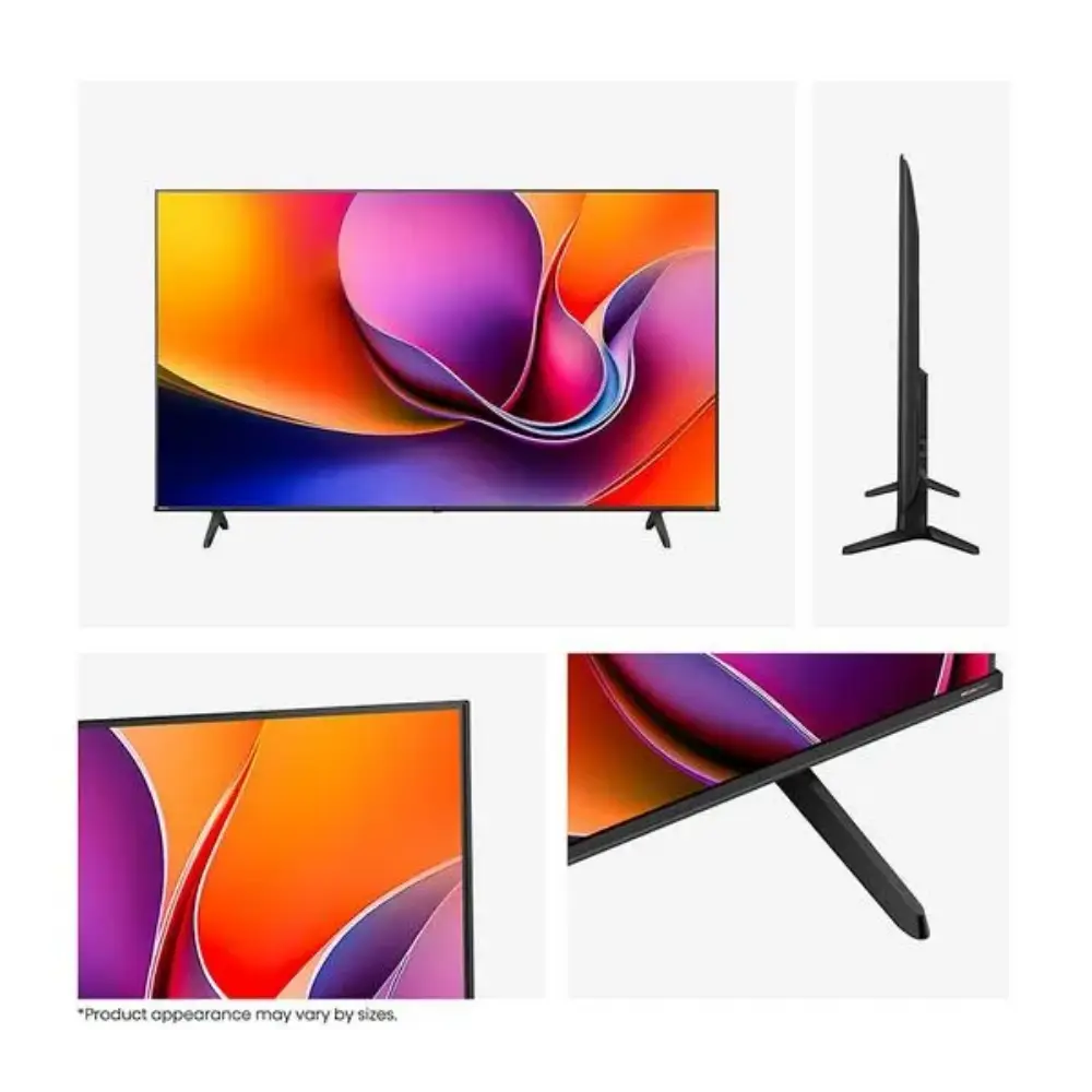 Hisense A6Q 65 inch 4K Smart TV in black showing front view with colorful gradient display, side stand view, and close-up of bezel design featuring vibrant purple, orange, pink and blue abstract wallpaper on screen
