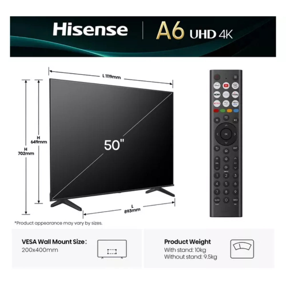 Hisense A6Q 50 Inch LED 4K HDR Smart TV | 50A61Q