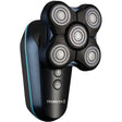 Remington XR8000U51 rotary shaver with five circular cutting heads, black body with blue accents, handheld grooming device for head and beard trimming
