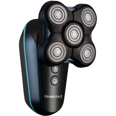 Remington XR8000U51 rotary shaver with five circular cutting heads, black body with blue accents, handheld grooming device for head and beard trimming