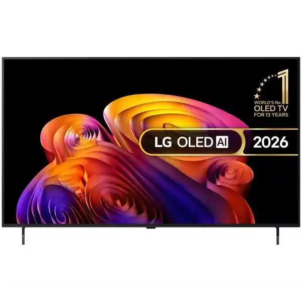 LG OLED AI 2026 55 inch 4K smart TV displaying vibrant abstract rose imagery in orange, pink and purple tones on black screen with product branding and world's number one OLED TV badge visible