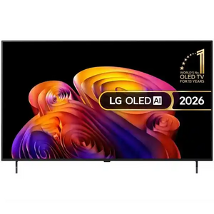 LG OLED AI 2026 55 inch 4K smart TV displaying vibrant abstract rose imagery in orange, pink and purple tones on black screen with product branding and world's number one OLED TV badge visible