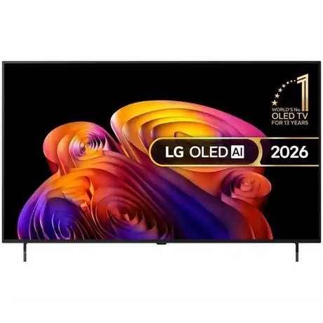 LG OLED AI 2026 55 inch 4K smart TV displaying vibrant abstract rose imagery in orange, pink and purple tones on black screen with product branding and world's number one OLED TV badge visible