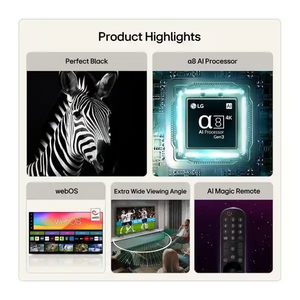 LG B6 55 inch OLED TV 2026 product highlights displaying Perfect Black contrast with zebra image, a8 AI Processor Gen 5 chip, webOS interface menu, Extra Wide Viewing Angle stadium scene, and AI Magic Remote control on purple background