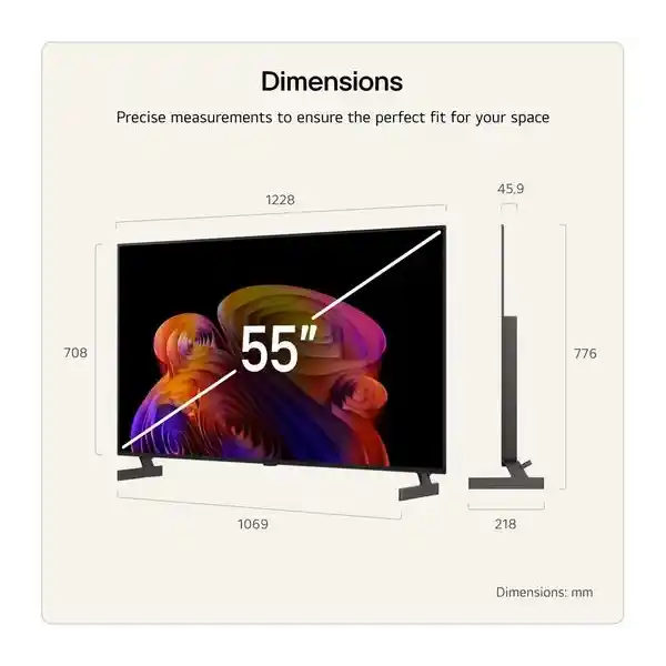 Dimension specifications for LG B6 55 inch OLED TV showing measurements in millimeters including screen width 1228mm, height 708mm, stand width 1069mm, depth 218mm, and total height with stand 776mm, featuring colorful abstract image on black display screen