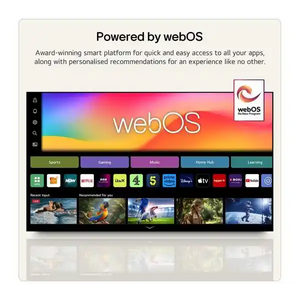 LG B6 55 inch OLED TV displaying webOS smart platform interface with colorful gradient background, app categories, and streaming service icons including Disney+, Apple TV, and gaming options