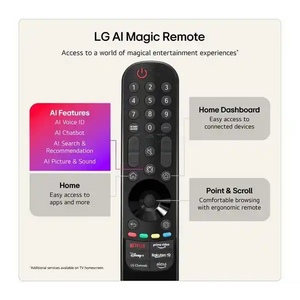 LG AI Magic Remote with numbered keypad and streaming app shortcuts, featuring AI voice control, chatbot, search and recommendation functions, home dashboard, and point and scroll navigation capabilities