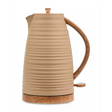 Morphy Richards Clay Felspar 1.7 litre jug kettle with beige ceramic body, wood grain handle and base, featuring horizontal ribbed texture detail