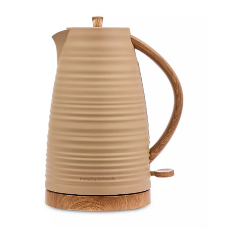Morphy Richards Clay Felspar 1.7 litre jug kettle with beige ceramic body, wood grain handle and base, featuring horizontal ribbed texture detail