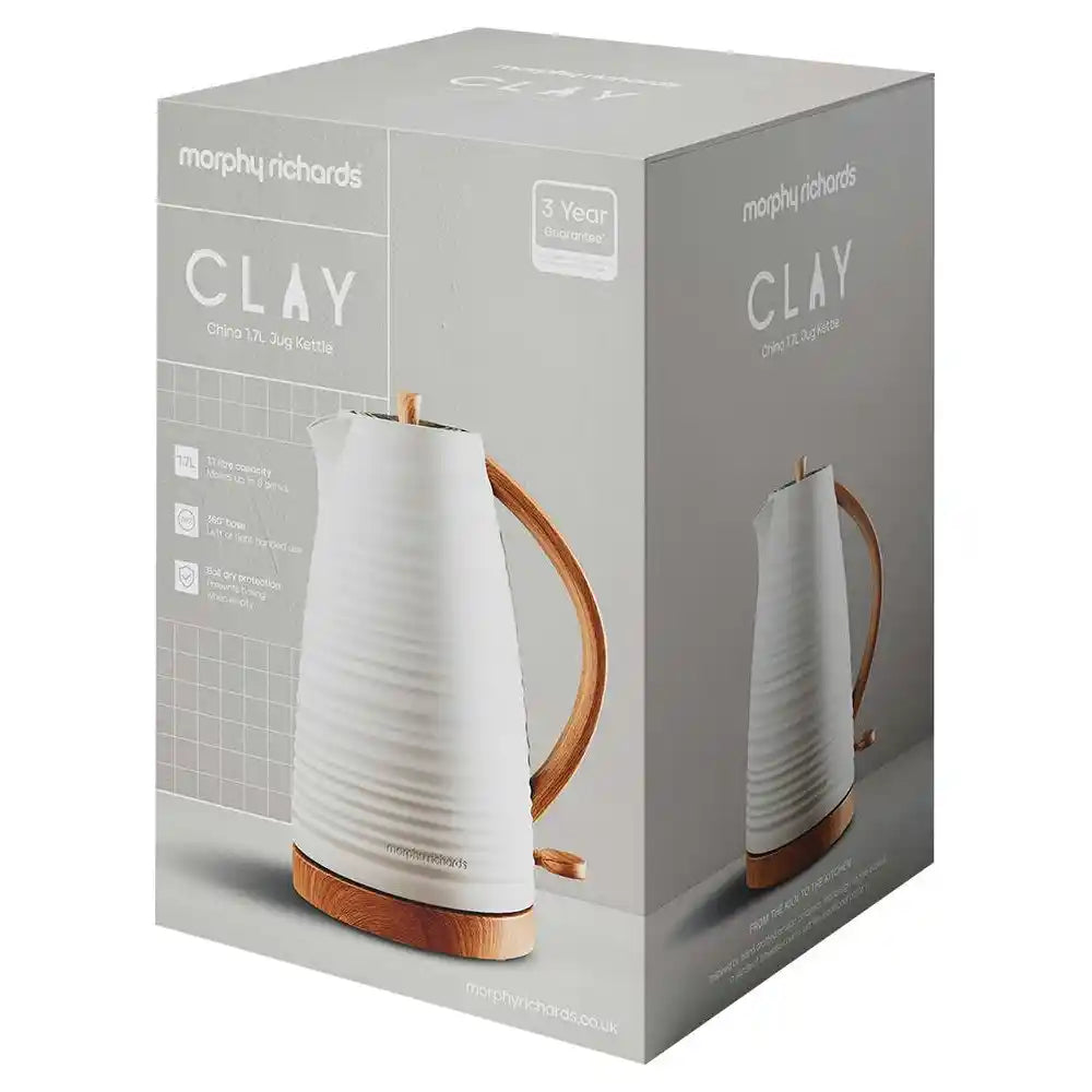 Morphy Richards Clay white jug kettle with wood grain handle and base in packaging box featuring 3 year guarantee